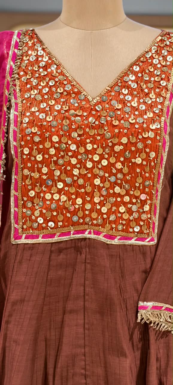 Heavy Golden Sequin Touch Boxed Yoke Mul-Chanderi Anarkali Full Suit Set With Dupatta- 16810