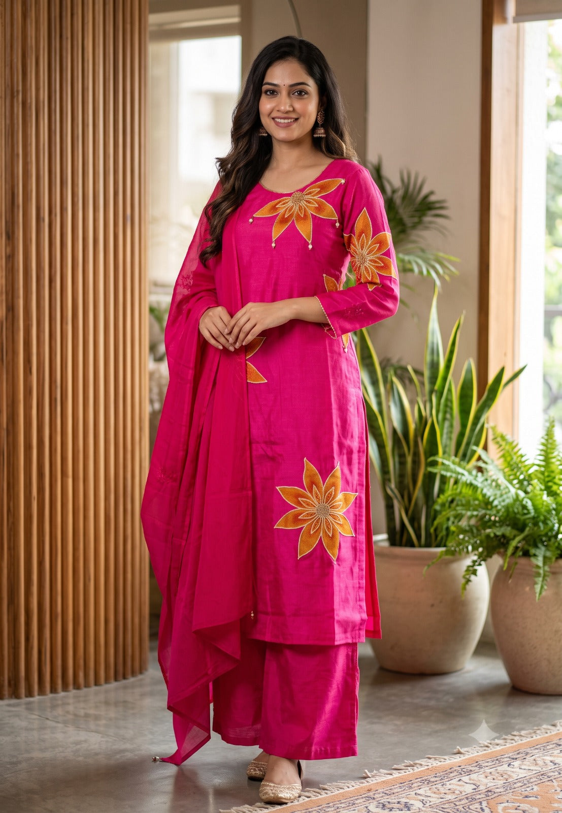 HD Giant Floral Embroidery Surat Mul-Chanderi Vibrant Full Suit Set With Dupatta- 16809