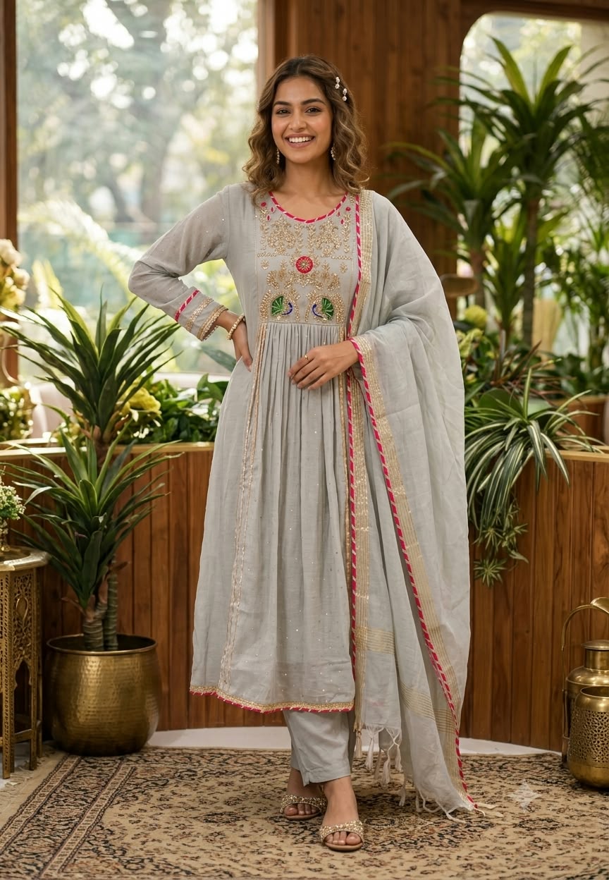 Pure Mul-Chanderi Embroidered Aline Full Suit Set with Elegant Zardosi Work -16784