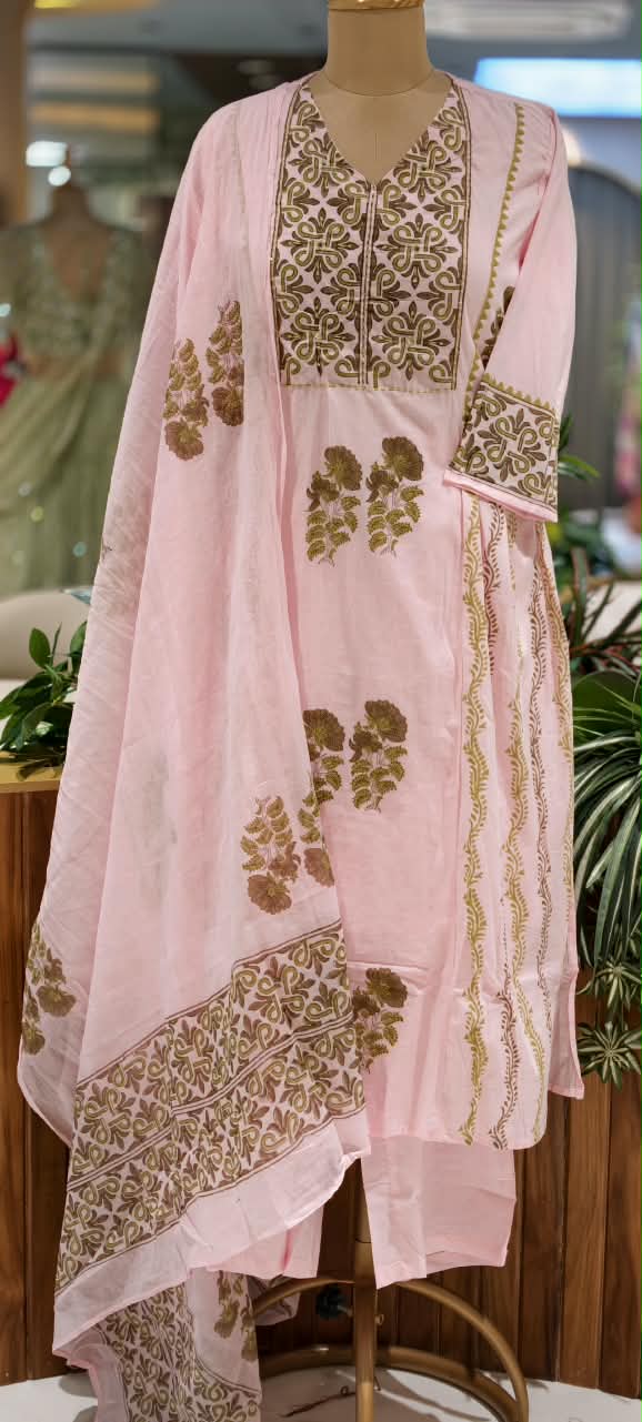Aline Pastel Pink Cotton Block Printed Full Suit Set with Olive Green Floral Motifs- 16793