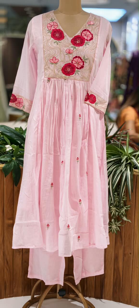Aline Baby Pink Mul Cotton Floral Embroidered Yoke Full Suit Set With Dupatta- 16796