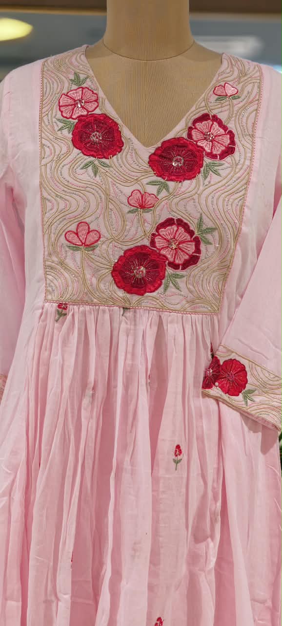 Aline Baby Pink Mul Cotton Floral Embroidered Yoke Full Suit Set With Dupatta- 16796