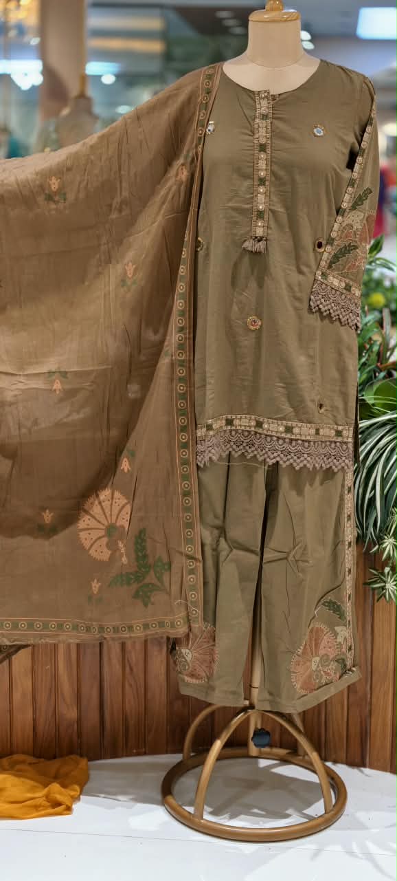 Taupe Cotton Short Length Kurta Full Suit Set with Lace Detailing & Mirror Work- 16791