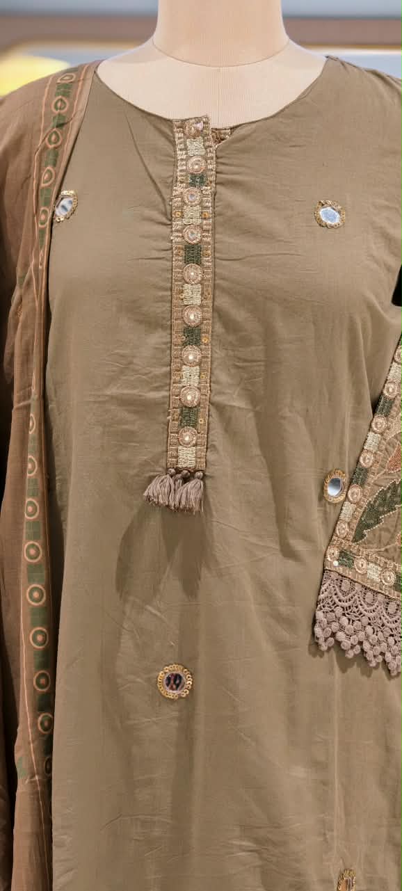 Taupe Cotton Short Length Kurta Full Suit Set with Lace Detailing & Mirror Work- 16791