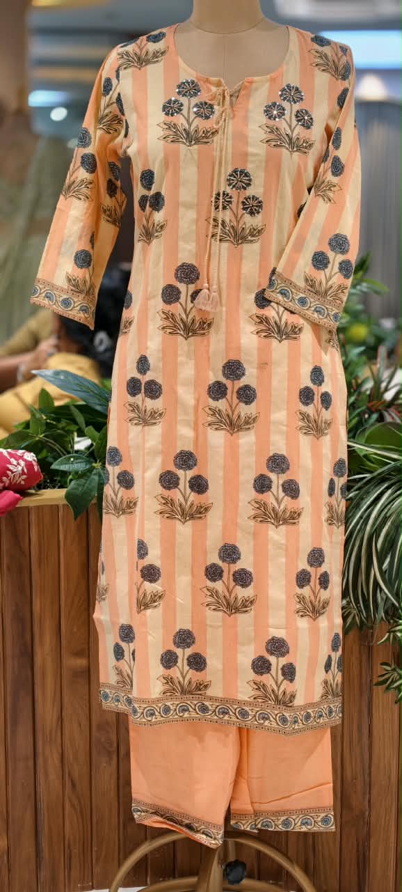 Striped Pure Cotton Floral Print Full Suit Set Set with Matching Dupatta- 16798