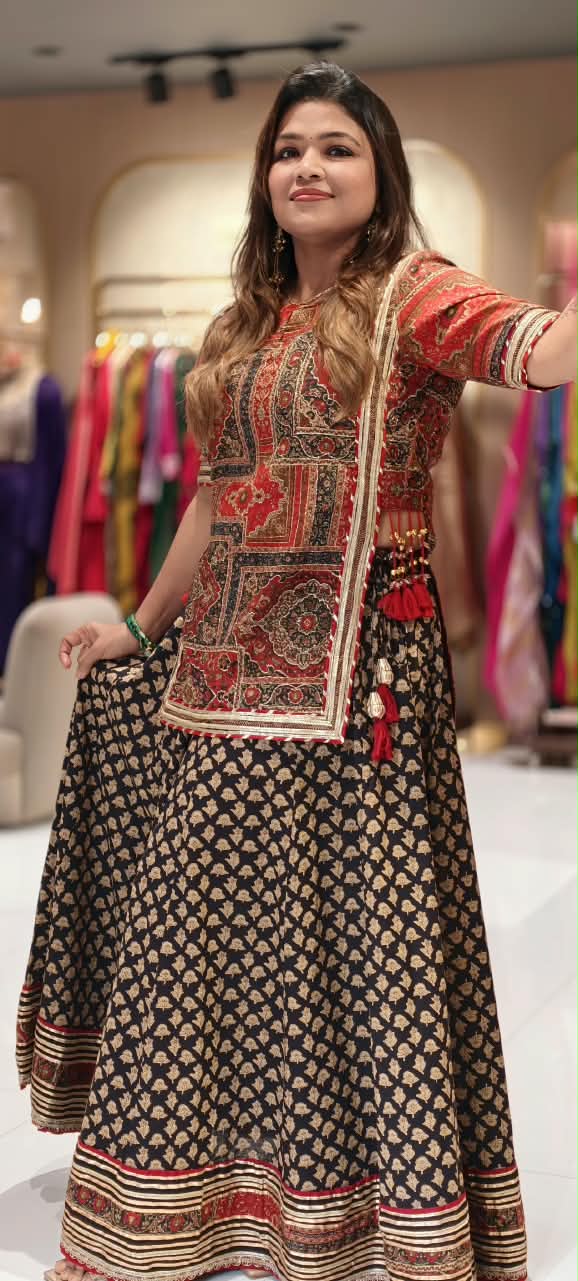 Festive Elegance Ethnic Print Skirt Bottom & Kurta Set In Cotton Fabric With Side Knotted Tassels- 16870