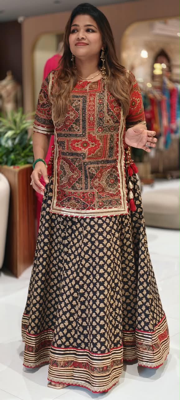 Festive Elegance Ethnic Print Skirt Bottom & Kurta Set In Cotton Fabric With Side Knotted Tassels- 16870