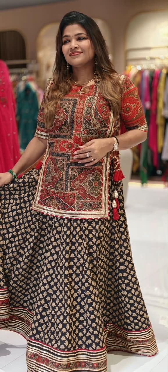 Festive Elegance Ethnic Print Skirt Bottom & Kurta Set In Cotton Fabric With Side Knotted Tassels- 16870
