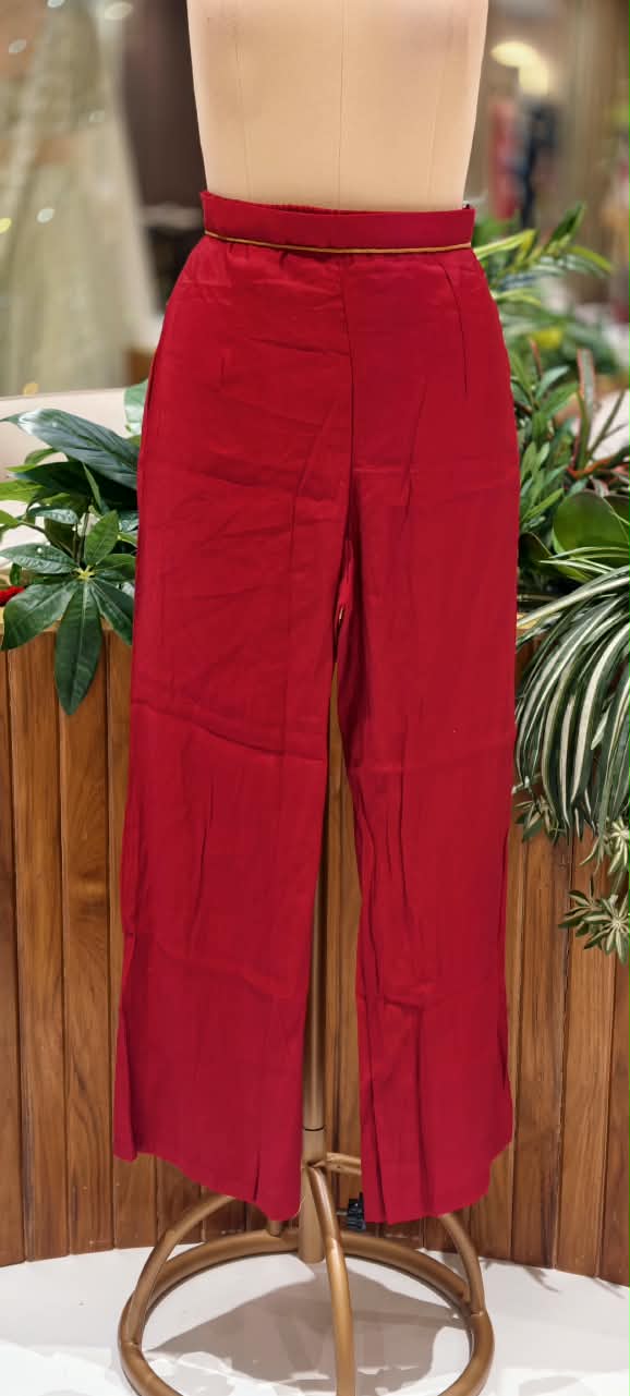 Premium Ruby Red And Blue Floral Embroidered Co-Ord Set with Wide-Leg Pants-16747