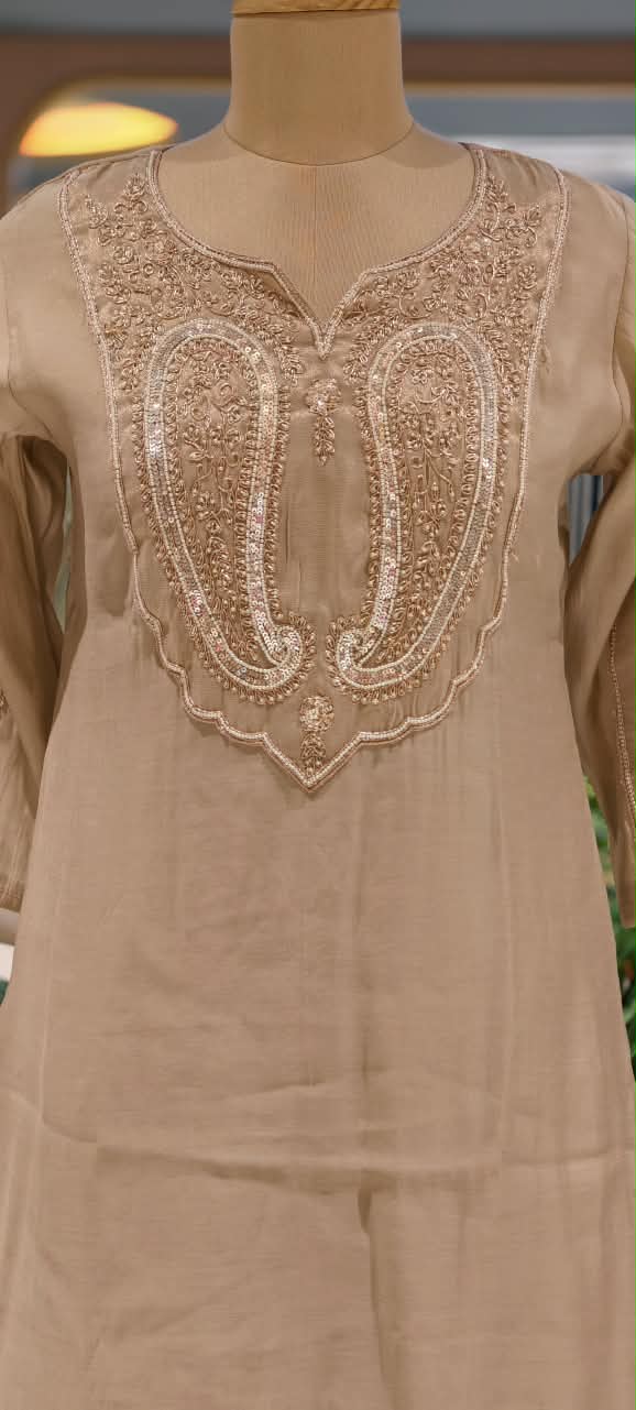 Graceful Mulchanderi with Detailed Golden Ethnic Embroidery Patch Yoke Aline Full Suit Set 16770