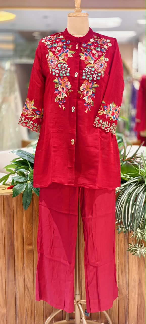 Premium Ruby Red And Blue Floral Embroidered Co-Ord Set with Wide-Leg Pants-16747