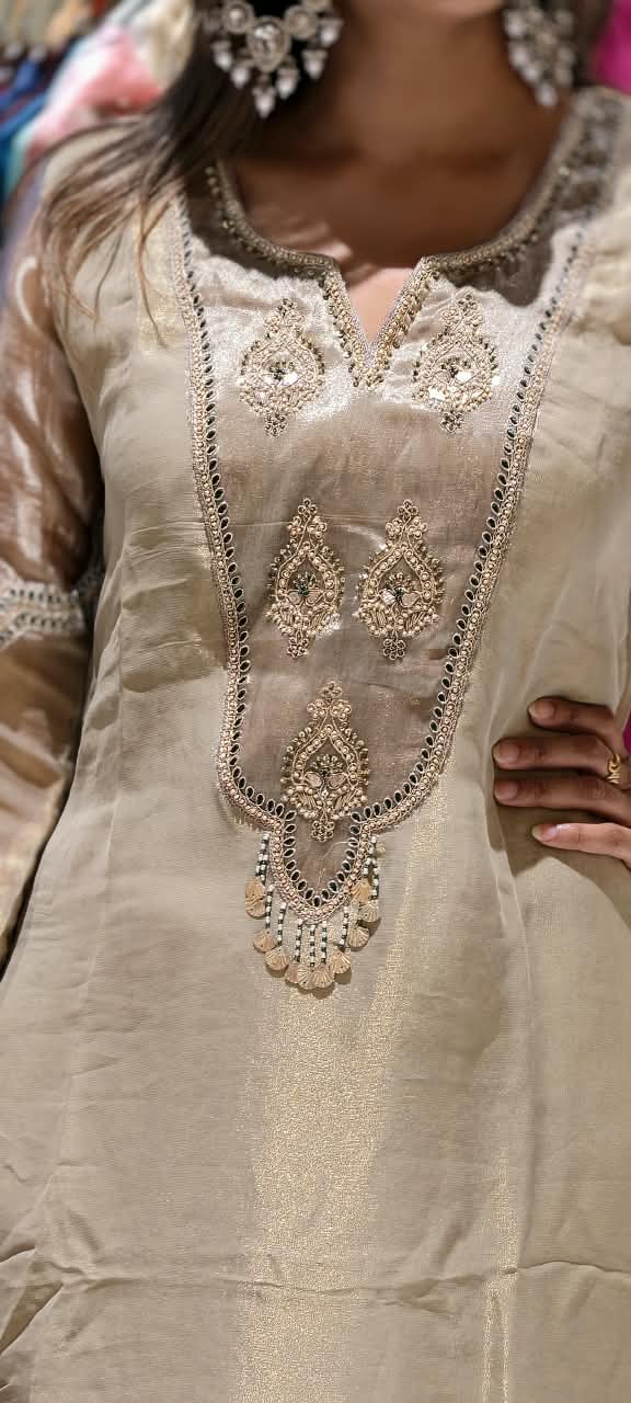 Premium Tissue Silk Embroidered Full Suit Set with Intricate Neckline & Lace Detailing 16781