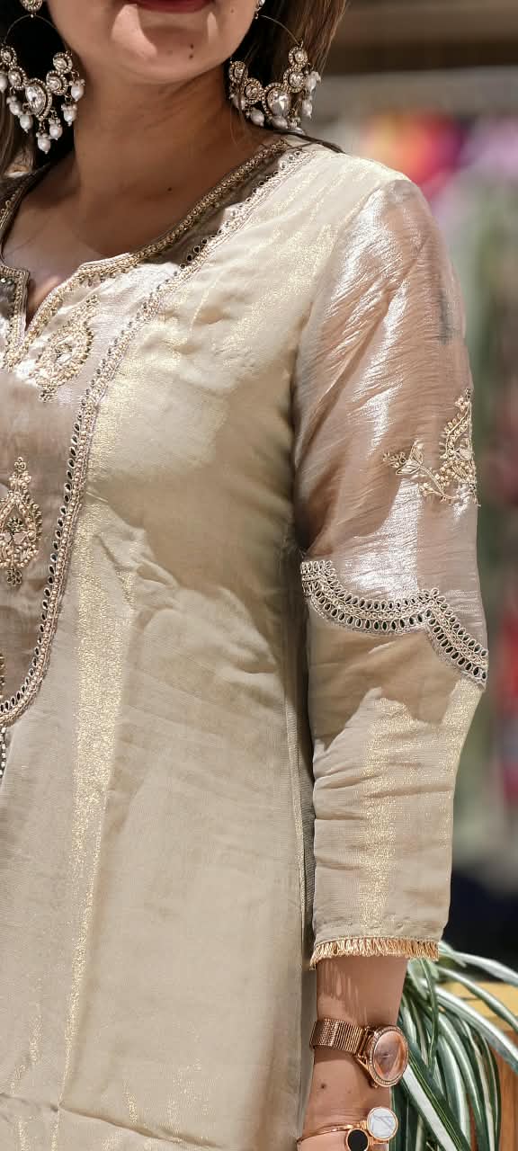 Premium Tissue Silk Embroidered Full Suit Set with Intricate Neckline & Lace Detailing 16781