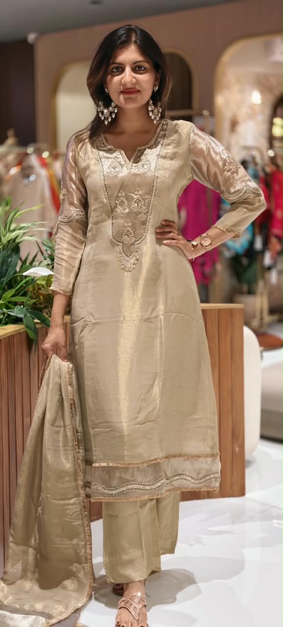 Premium Tissue Silk Embroidered Full Suit Set with Intricate Neckline & Lace Detailing 16781