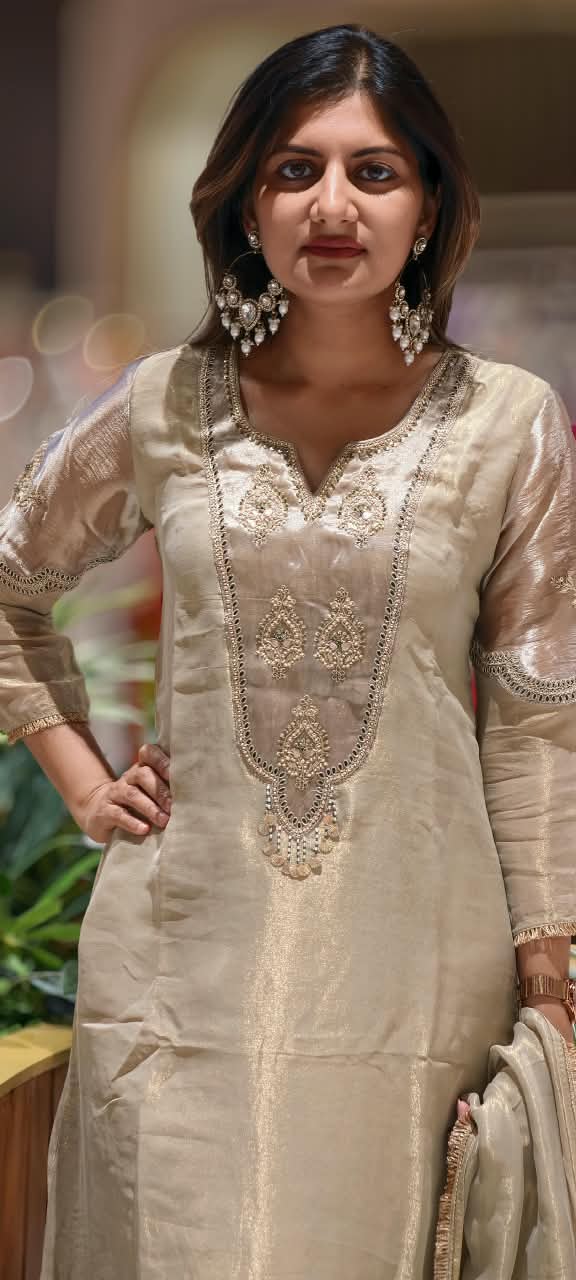 Premium Tissue Silk Embroidered Full Suit Set with Intricate Neckline & Lace Detailing 16781