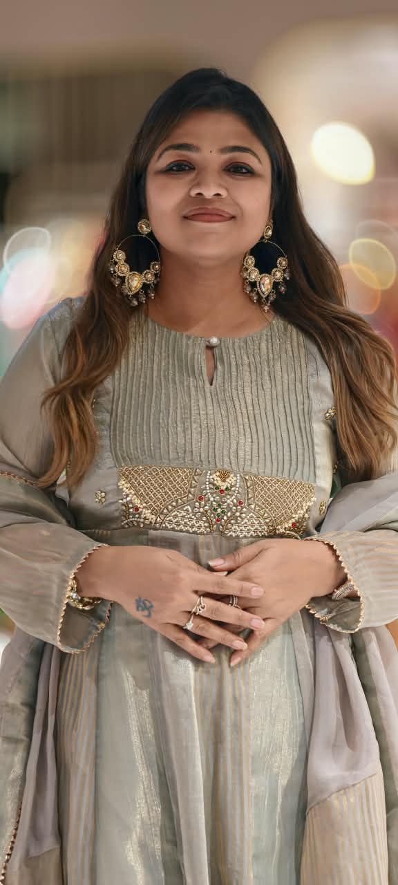 Rich Jewel Kundan Look Pleated Yoke Premium Tissue Anarkali Full Suit Set With Dupatta- 16812