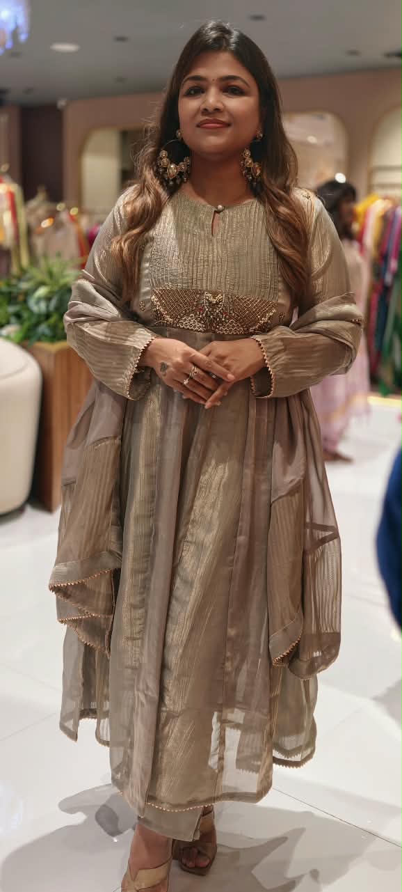 Rich Jewel Kundan Look Pleated Yoke Premium Tissue Anarkali Full Suit Set With Dupatta- 16812