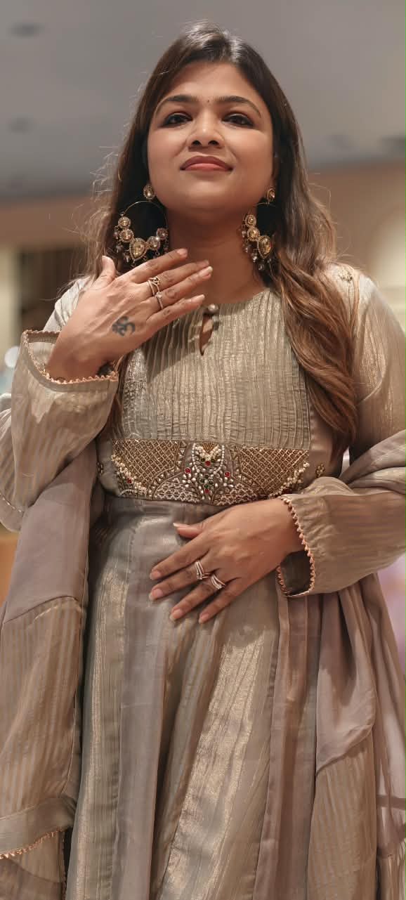 Rich Jewel Kundan Look Pleated Yoke Premium Tissue Anarkali Full Suit Set With Dupatta- 16812