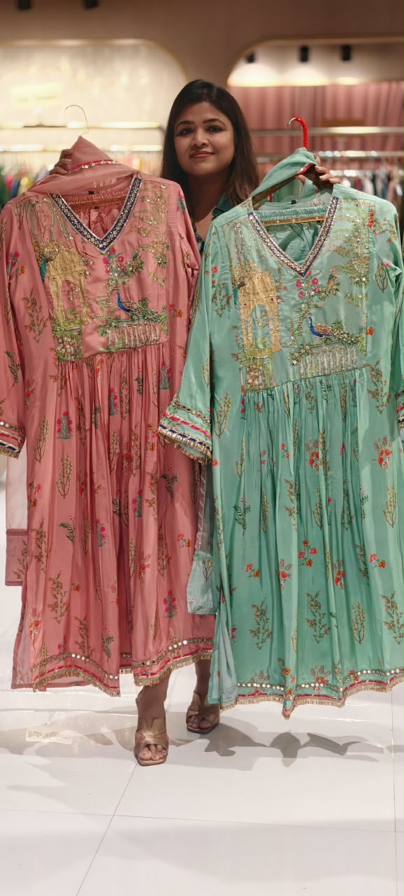 Embroidered Crepe Anarkali Full Suit Set With Dupatta Featuring Floral With Figure Motifs- 16831