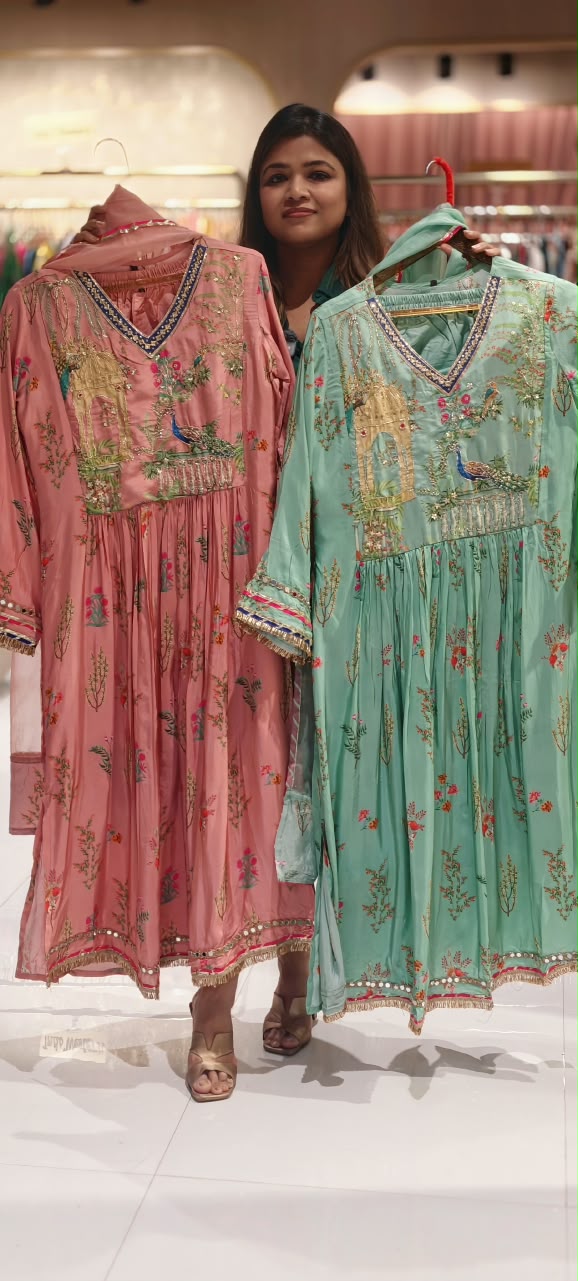 Embroidered Crepe Anarkali Full Suit Set With Dupatta Featuring Floral With Figure Motifs- 16831