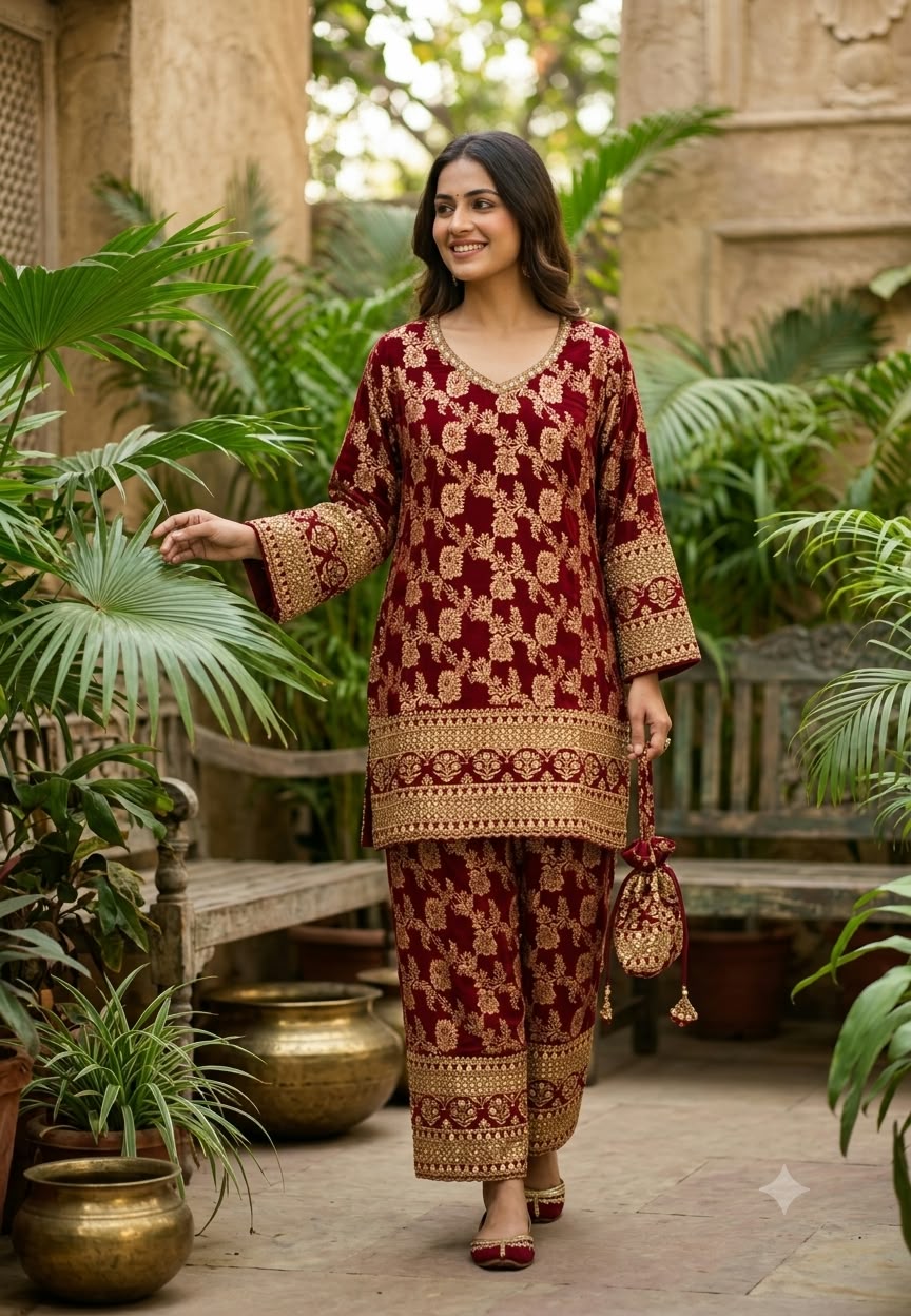 Royal Gold Foil Floral Printed Brocade Kurta Set with Heavily Embroidered Borders, Wide-Leg Palazzo Pants & Matching Potli Bag- 16868