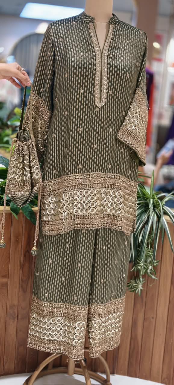 Crimson Sage Abstract Printed Short Kurta Set with Heavy Circle Lace Embroidered Borders & Flared Palazzo Pants-