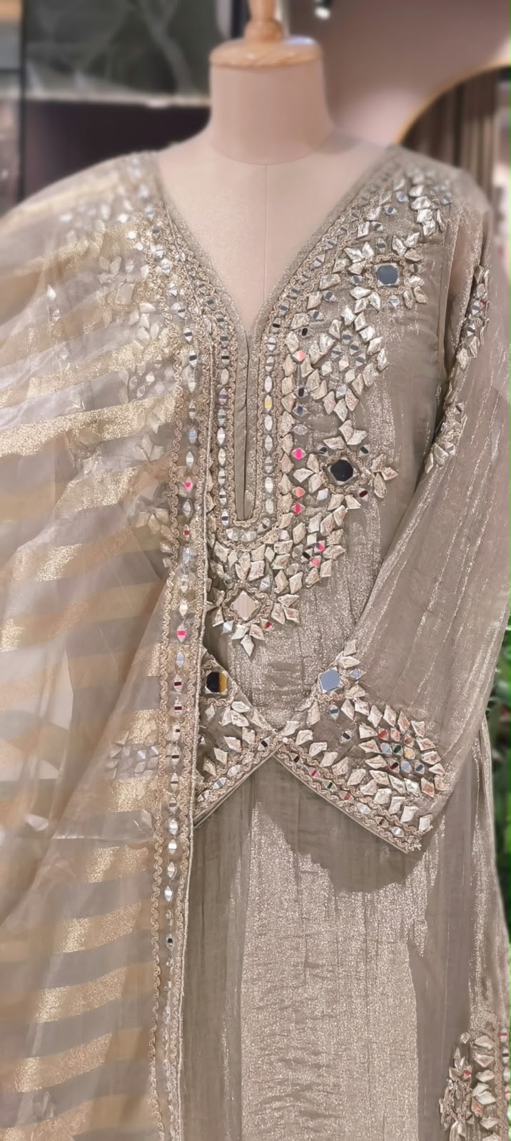 Heavy Premium Tissue Real Mirror Hand Embroidery Heavy Party Wear Full Suit Set With Striped Dupatta- 16867