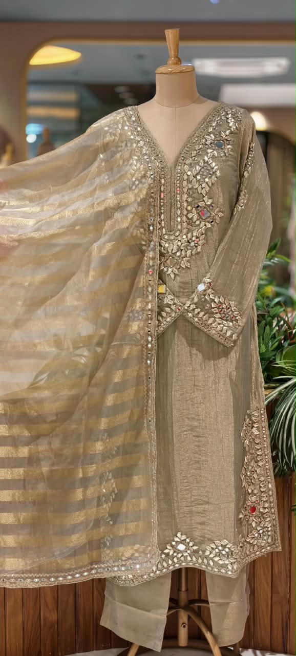 Heavy Premium Tissue Real Mirror Hand Embroidery Heavy Party Wear Full Suit Set With Striped Dupatta- 16867