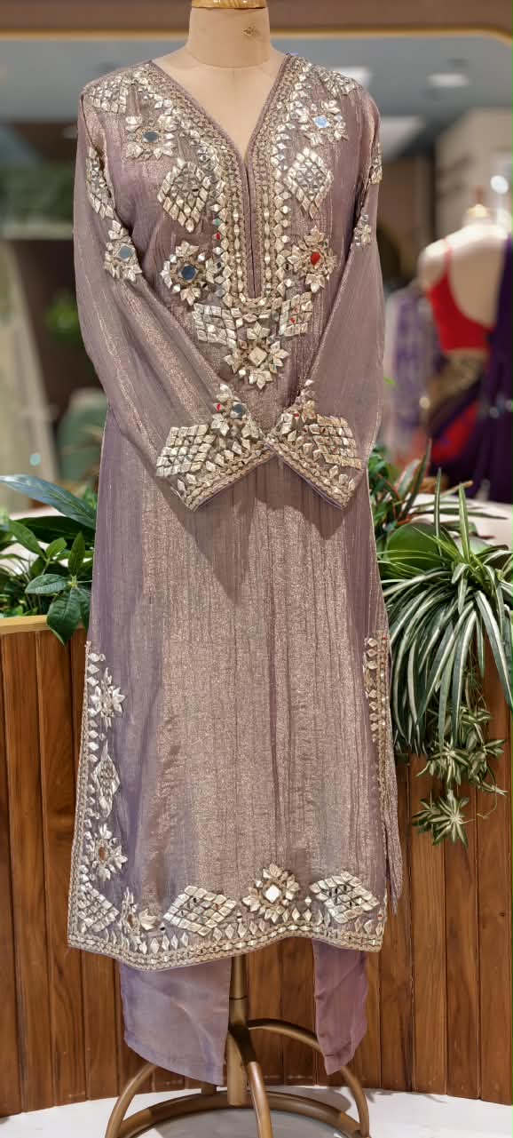 Heavy Premium Tissue Real Mirror Hand Embroidery Heavy Party Wear Full Suit Set With Striped Dupatta- 16867