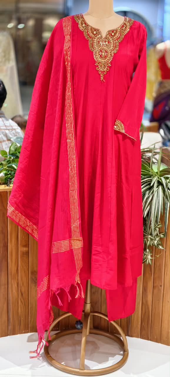Elegant Noor Golden Embroidery Neckline Surat Mul-Chanderi Panel Anarkali Full Suit Set with Dupatta- 16920,16921