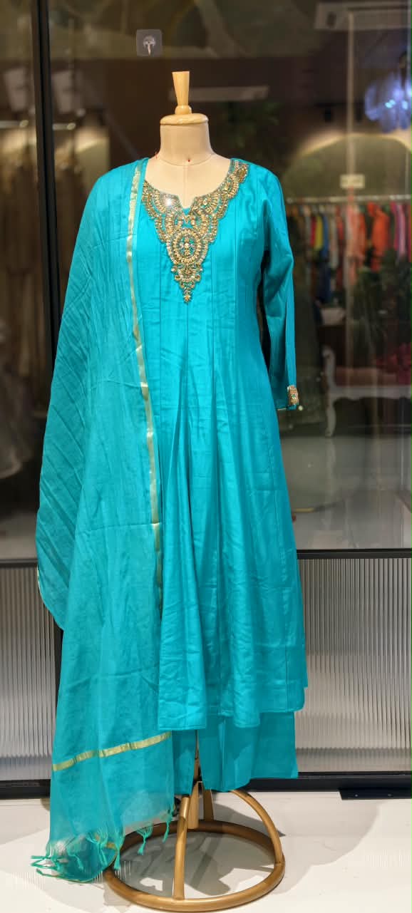 Elegant Noor Golden Embroidery Neckline Surat Mul-Chanderi Panel Anarkali Full Suit Set with Dupatta- 16920,16921