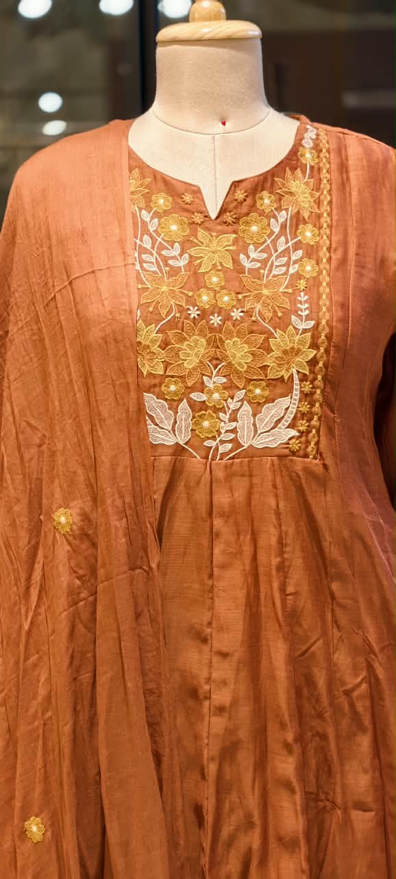 Graceful Floral Threadwork Over Yoke & Sleeve Surat Mul-Chanderi A-Line Full Suit Set with Dupatta- 16897