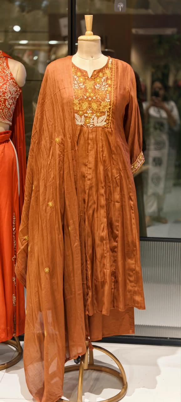 Graceful Floral Threadwork Over Yoke & Sleeve Surat Mul-Chanderi A-Line Full Suit Set with Dupatta- 16897