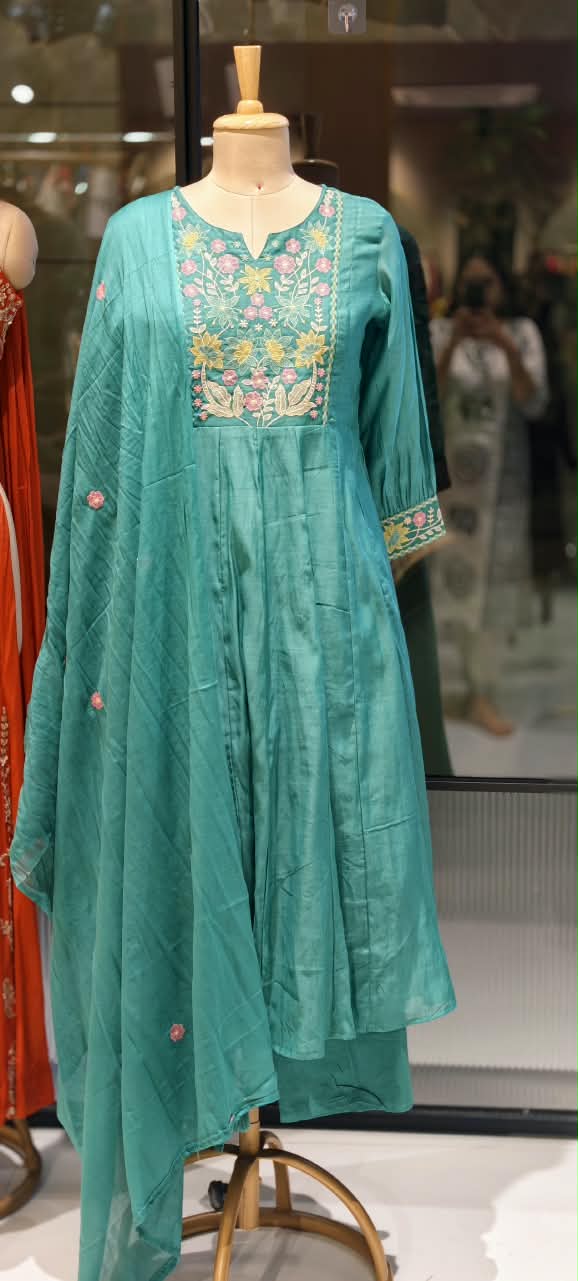 Graceful Floral Threadwork Over Yoke & Sleeve Surat Mul-Chanderi A-Line Full Suit Set with Dupatta- 16897