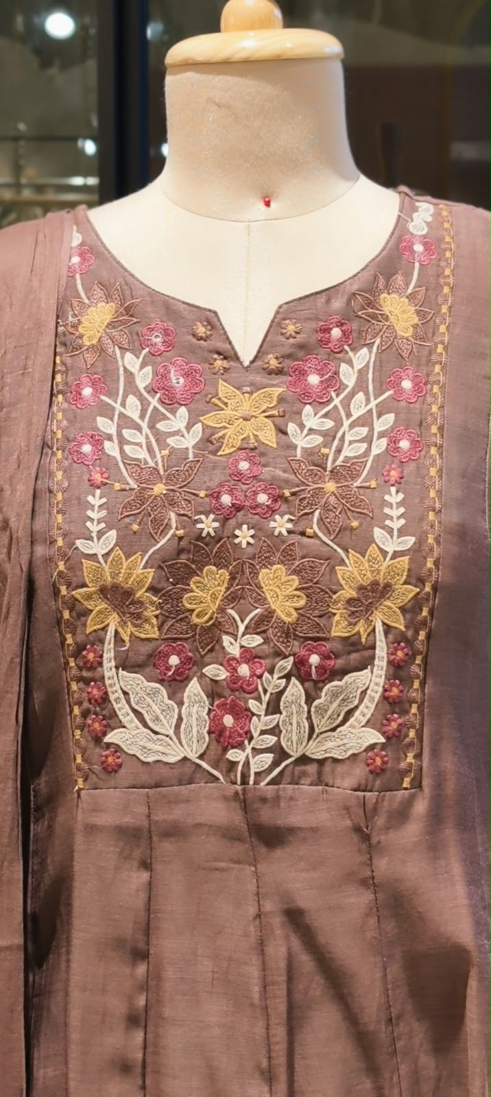 Graceful Floral Threadwork Over Yoke & Sleeve Surat Mul-Chanderi A-Line Full Suit Set with Dupatta- 16897