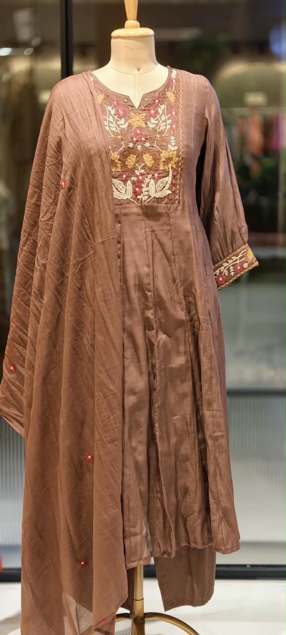Graceful Floral Threadwork Over Yoke & Sleeve Surat Mul-Chanderi A-Line Full Suit Set with Dupatta- 16897