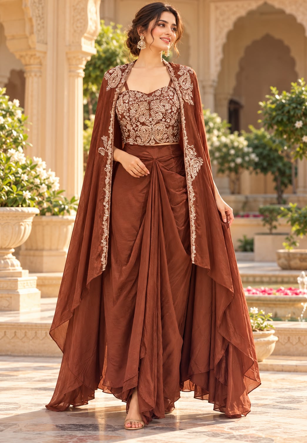 Luxury Chinon 3-Piece indowestern Heavy Embroidery,Crop Top with Dhoti & Flowing Cape 16826