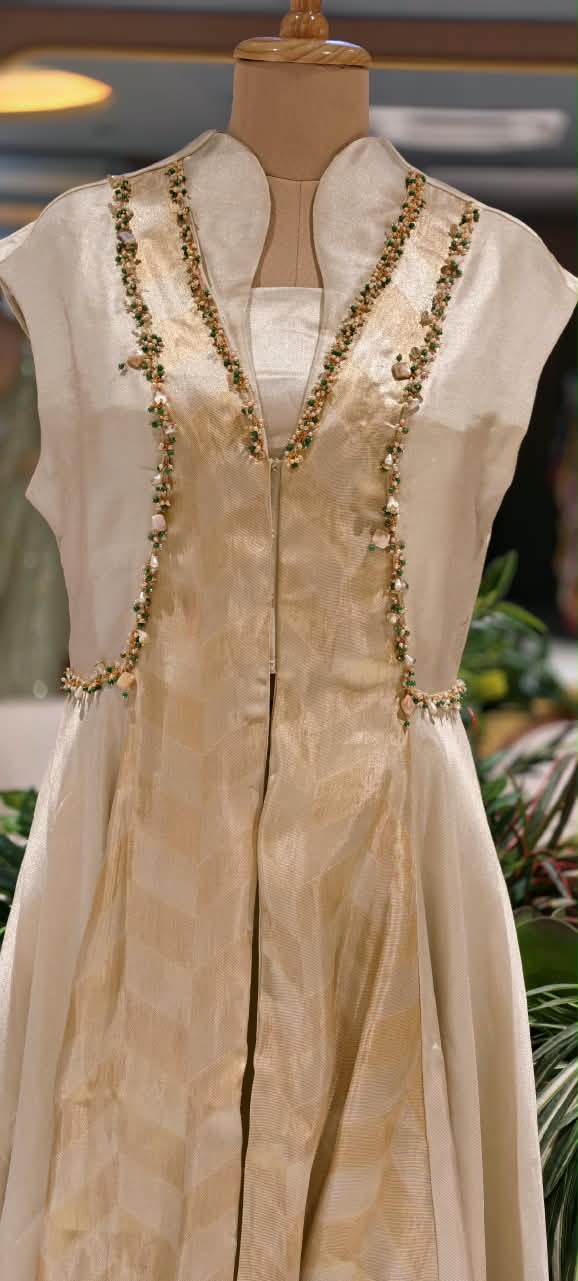 Elegant Champagne Gold Tissue Fabric Designer Indo-Western Co-Ord Set with Embellished Long Jacket, Pearl & Bead Detailing 16892
