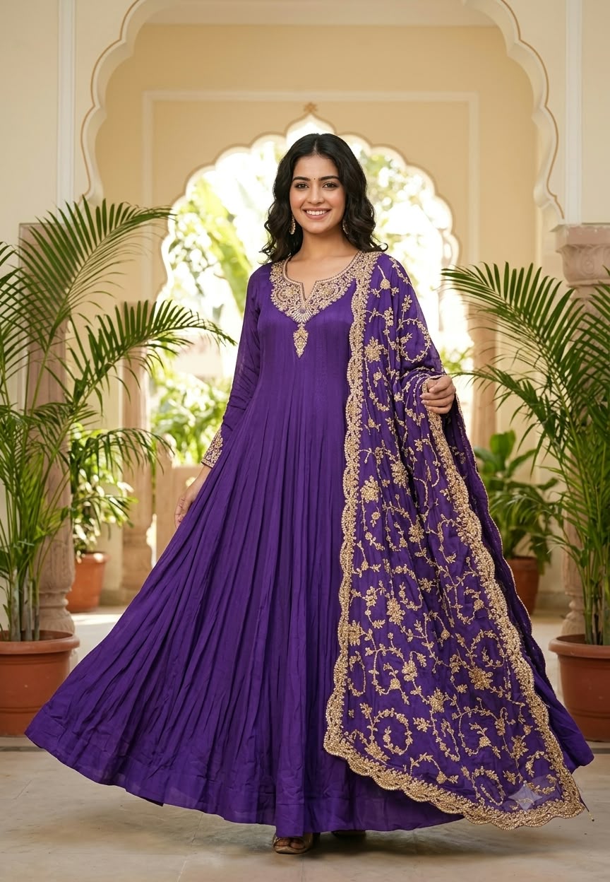 Traditional Gold Metallic Hand Embellished Chinon Panel Anarkali Suit With Dense Scalloped Cutwork Dupatta- 16617
