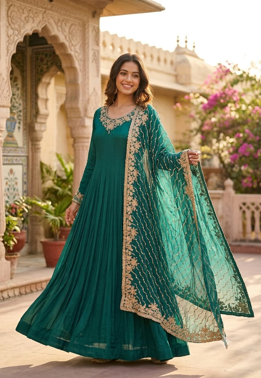 Chinon Panel Anarkali Suit with Heavy Cut dana Embroidered Dupatta, Elegant Floor-Length 16915