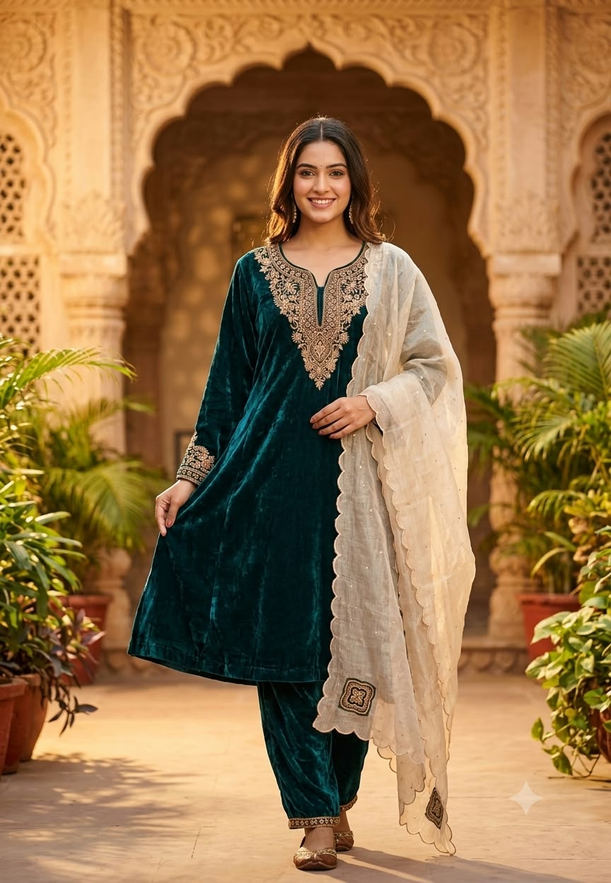 Premium Velvet Kurta Pant Set with Heavy Golden HandEmbroidery, Elegant Scalloped Tissue Dupatta 16916