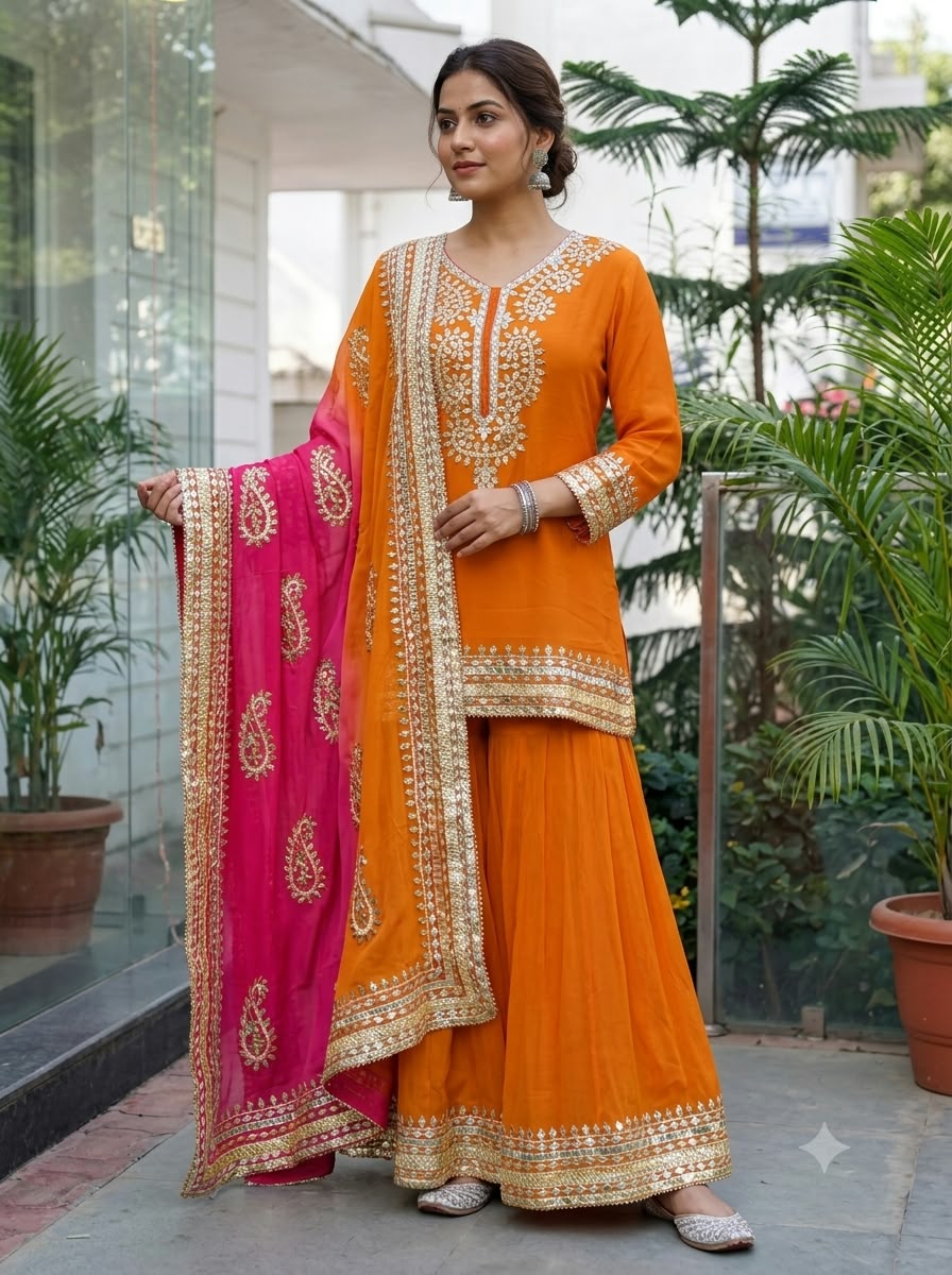 Pure Georgette Gota Patti Embroidered Short Kurta & Sharara Set with Elegant Dual-Tone Dupatta 16863
