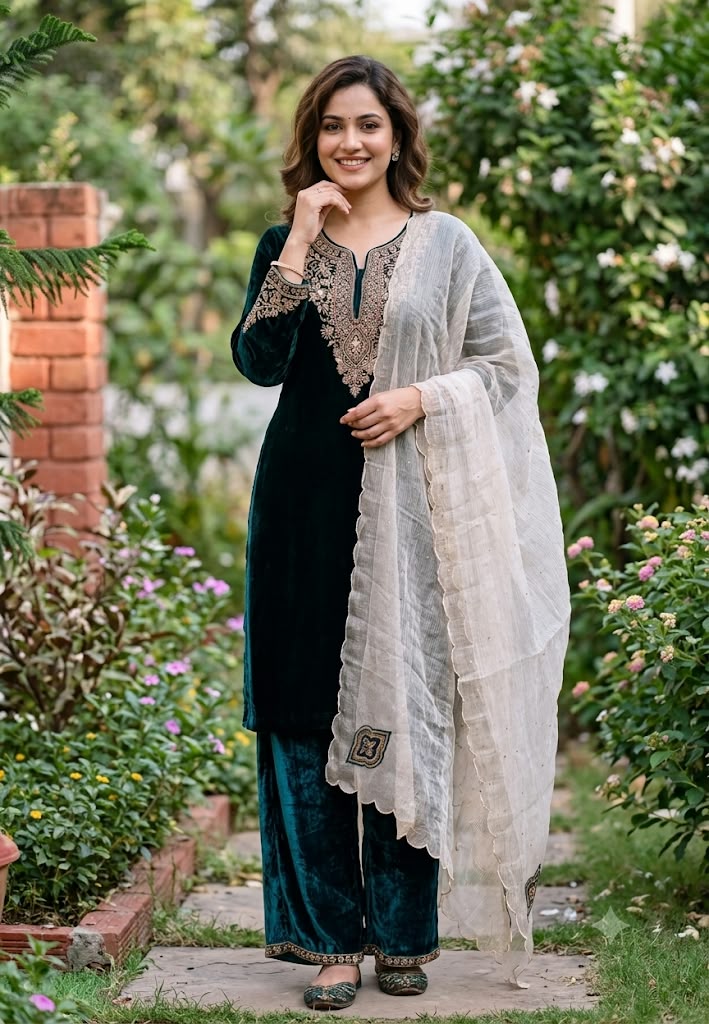 Premium Velvet Kurta Pant Set with Heavy Golden HandEmbroidery, Elegant Scalloped Tissue Dupatta 16916
