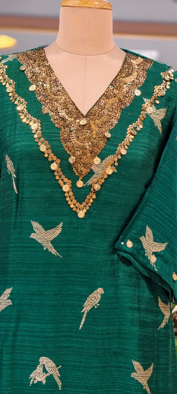 Pure Raw Silk Bird Motifs A-line Metal Sequence On Neck Rich Full Suit Set With Dupatta- 16929