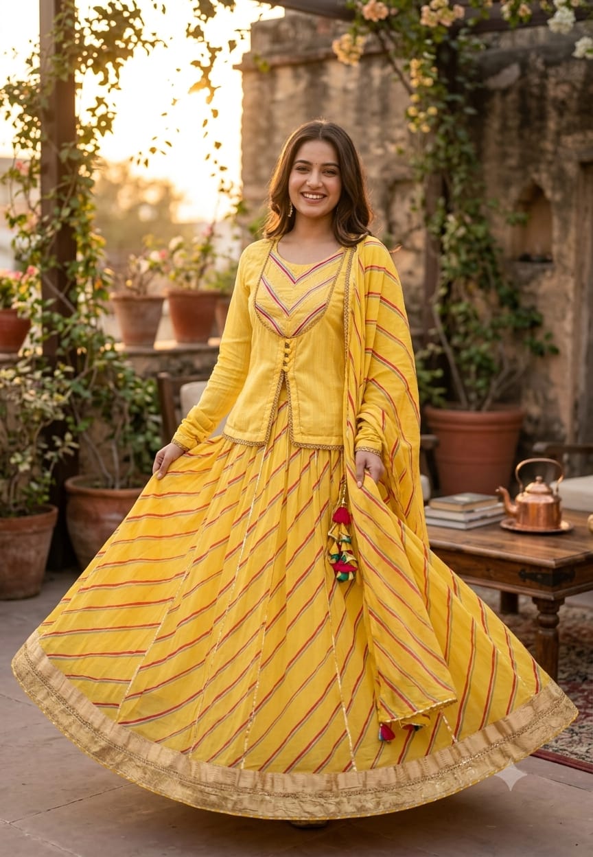 Festive Grace Leheriya Prints Gotta Patti Highlights Kota Doria Classic Front Slitted Kurta With Flared Contrasted Skirt Bottom & Dupatta- 16755,16950