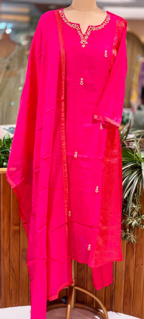 Intricate Beaded Embroidery Striped Side Panels A-Line Mul-Chanderi Full Suit Set With Dupatta- 16265