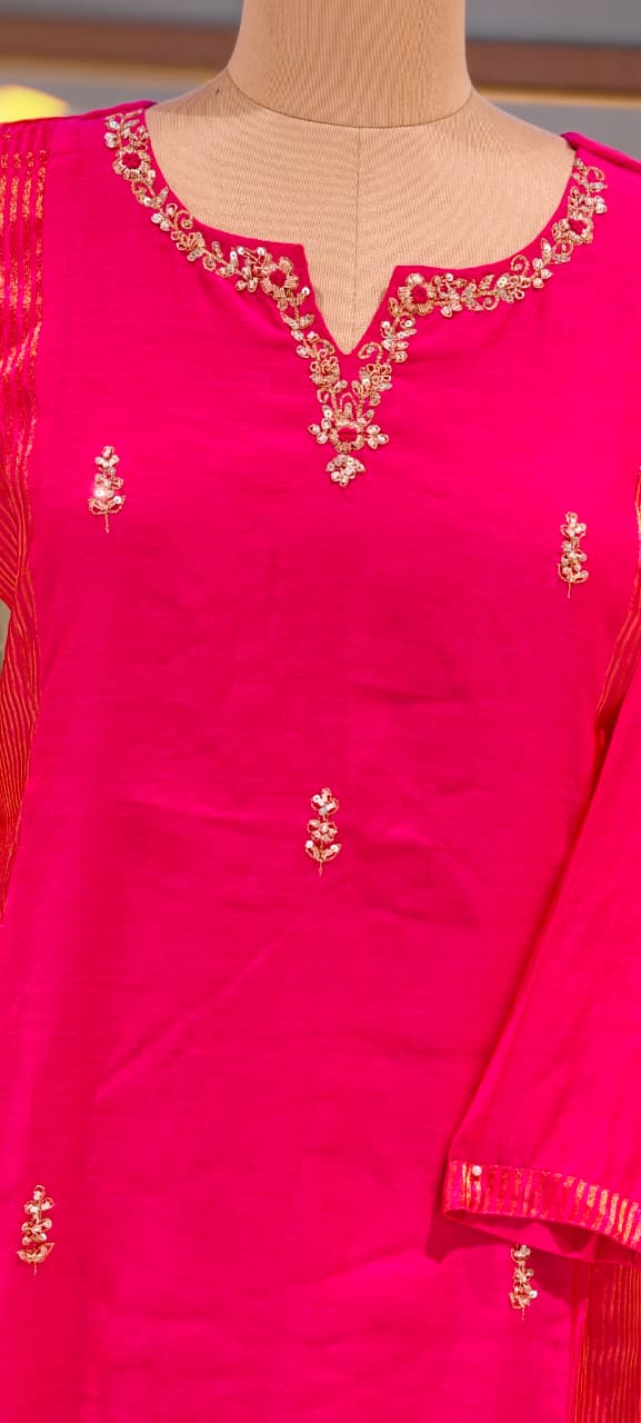 Intricate Beaded Embroidery Striped Side Panels A-Line Mul-Chanderi Full Suit Set With Dupatta- 16265