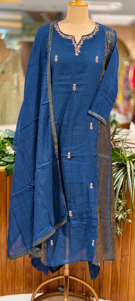 Intricate Beaded Embroidery Striped Side Panels A-Line Mul-Chanderi Full Suit Set With Dupatta- 16265