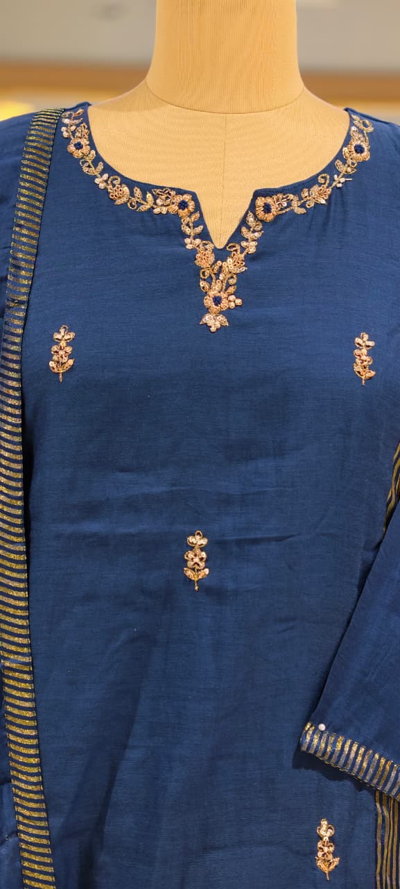 Intricate Beaded Embroidery Striped Side Panels A-Line Mul-Chanderi Full Suit Set With Dupatta- 16265