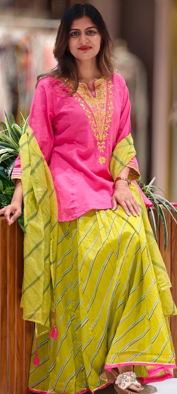 Neon Shade Embroidered V-Yoke Short Length Kurta With Leheriya Skirt Bottom & Matching Dupatta- 16952